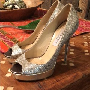 Jimmy Choo Dahlia Glitter Peep Toe Pumps Size 7.5